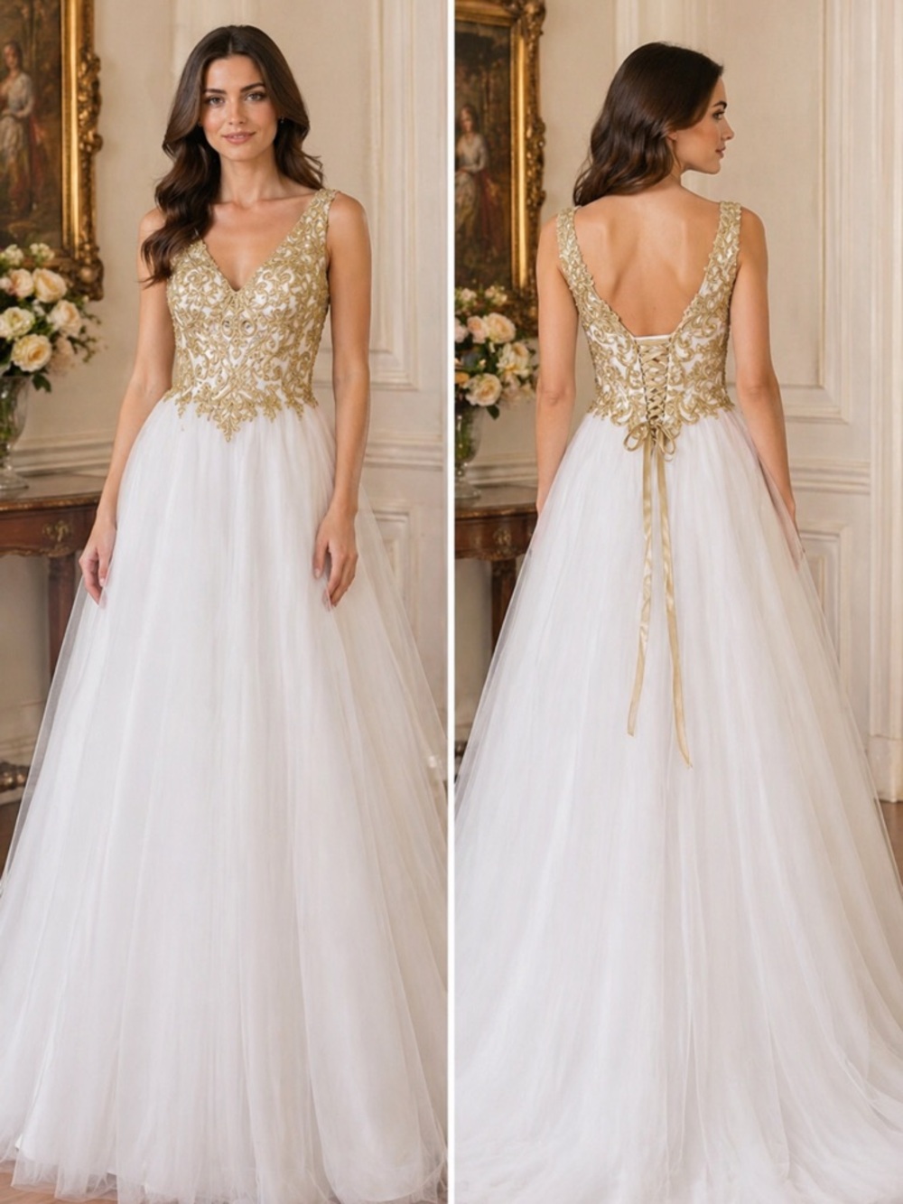 Mon Cheri long fit and flare white and gold gown